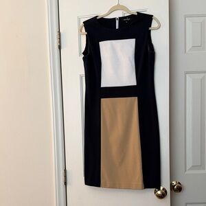 Sleeveless Colorblock Midi Dress in Navy, Cream & Camel